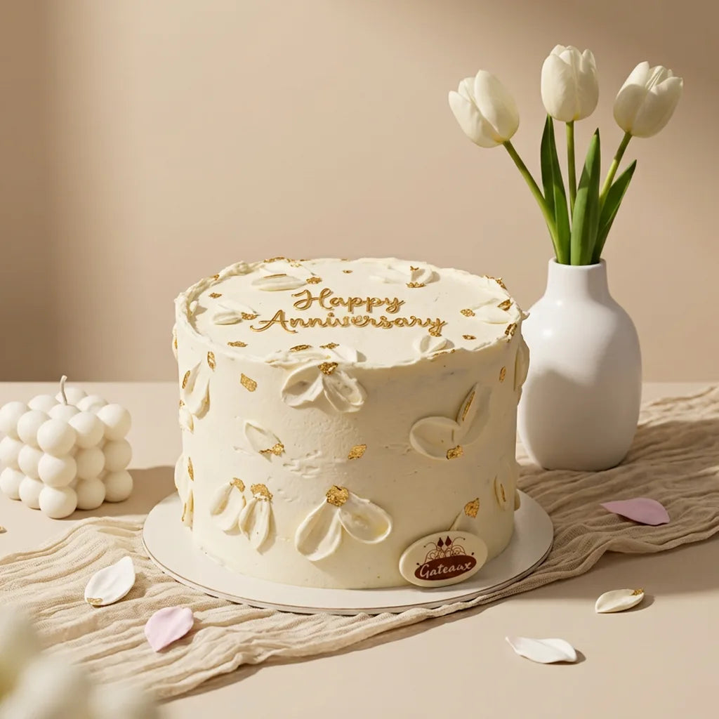An anniversary cake with white frosting, gold leaf details, and 'Happy Anniversary' written on top, styled on a table with white tulips in a vase and a cream-colored candle against a warm beige background.