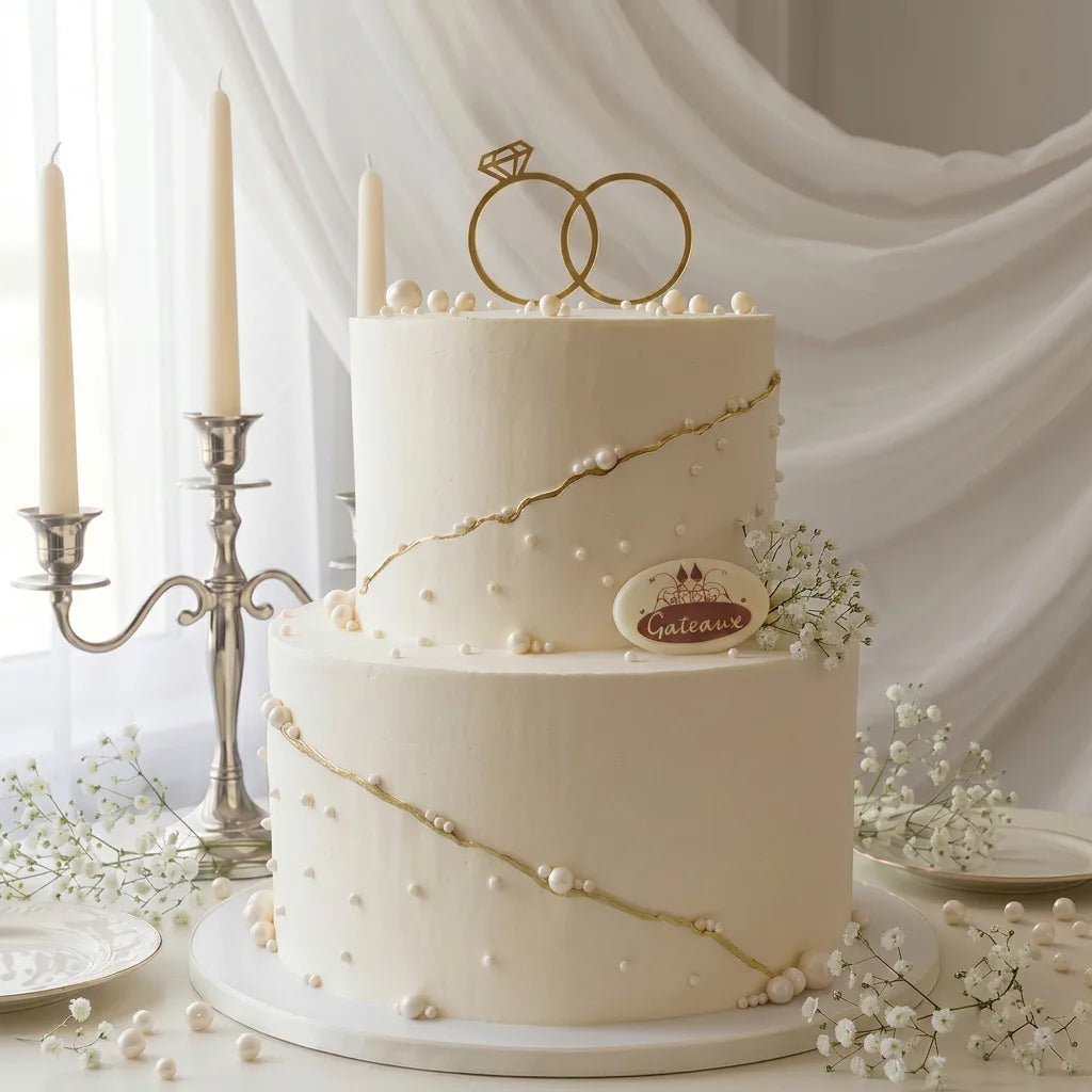White wedding cake with gold accents and 'Gateau' branding, set against a white curtain background.