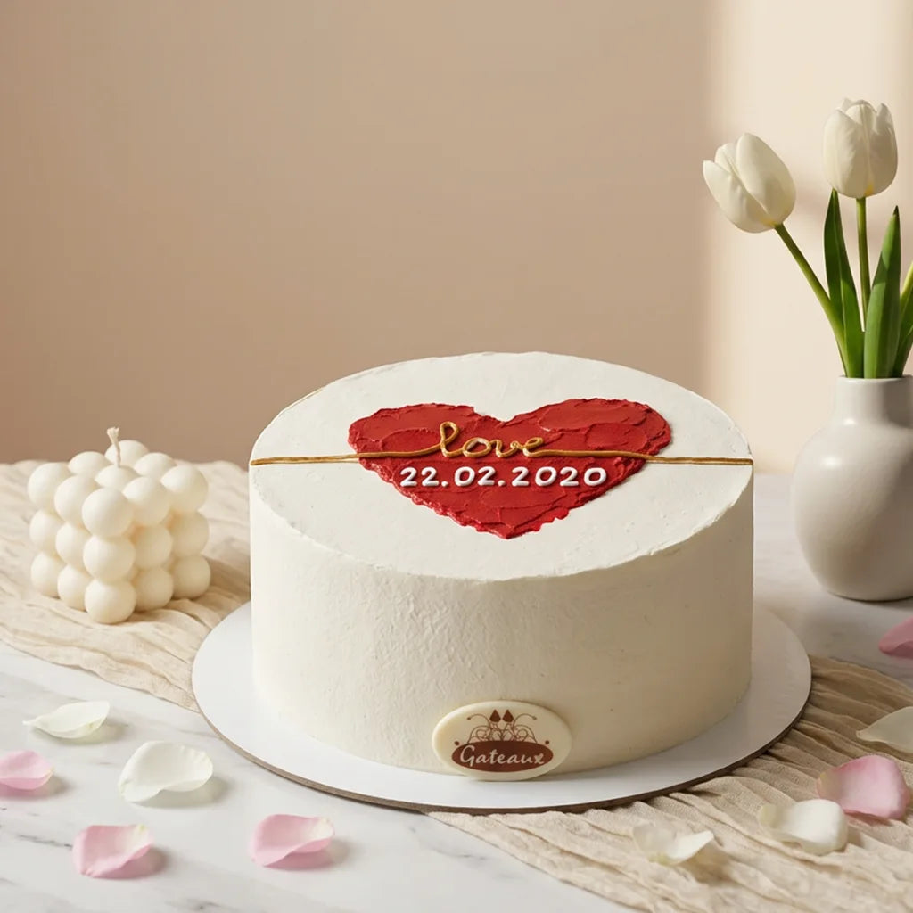 A round white frosted cake on a white plate, decorated with a red heart-shaped topper that reads 'Love 22.02.