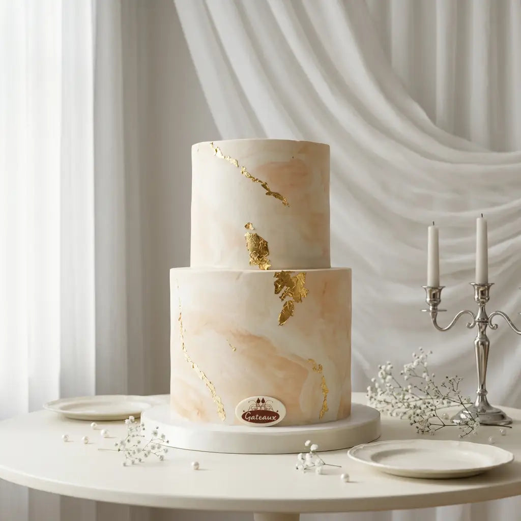 A two-tiered wedding cake with a soft blush pink and cream marble pattern and delicate gold leaf accents, displayed on a round white table with plates and a silver candelabra against a draped white fabric background.
