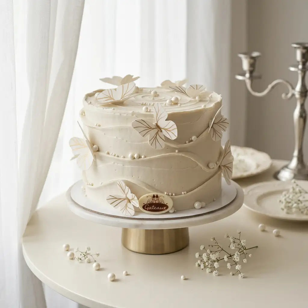 An elegant cream-colored frosted cake decorated with white sugar flowers and pearl-like beads, displayed on a white and gold cake stand on a round table.