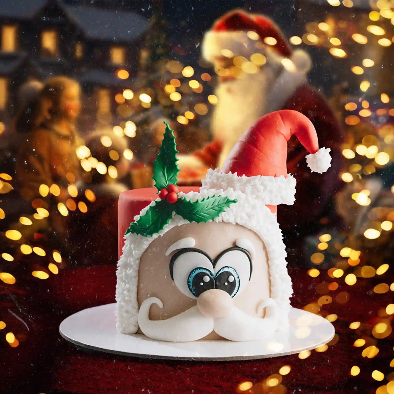 Animated character wearing a Santa hat with a festive background