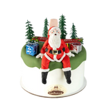 Christmas-themed cake with a Santa Claus figure and gift boxes on a white background