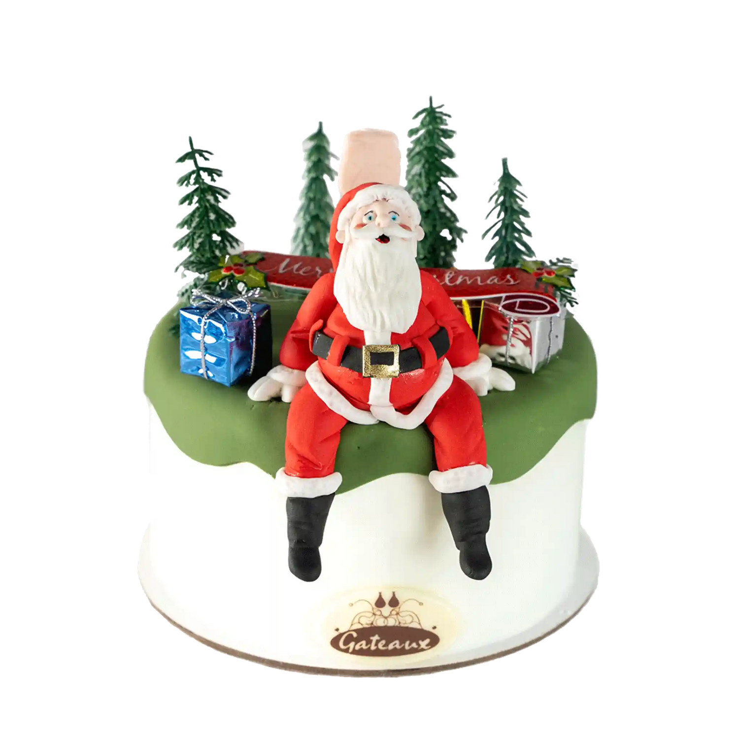Christmas-themed cake with a Santa Claus figure and gift boxes on a white background