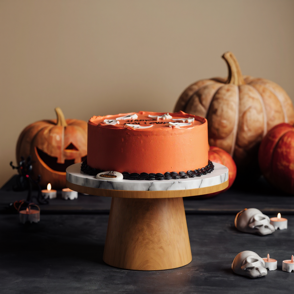 Orange cake on a marble stand with pumpkins and candles in the background