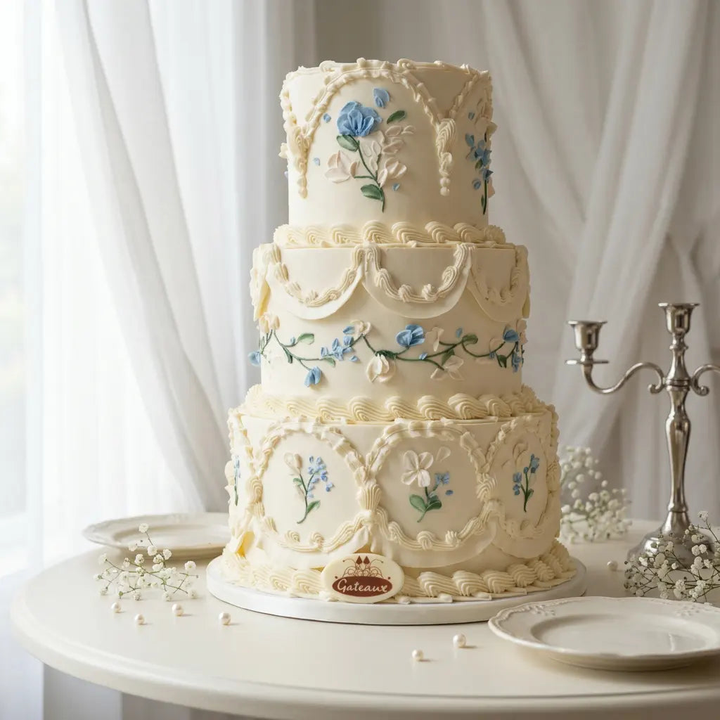 A three-tier cream-colored decorated cake with blue floral designs, displayed on a white round table with plates and a silver candelabra against a soft white curtain background.