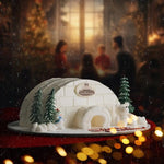 Decorative igloo cake with polar bears and trees on a festive background