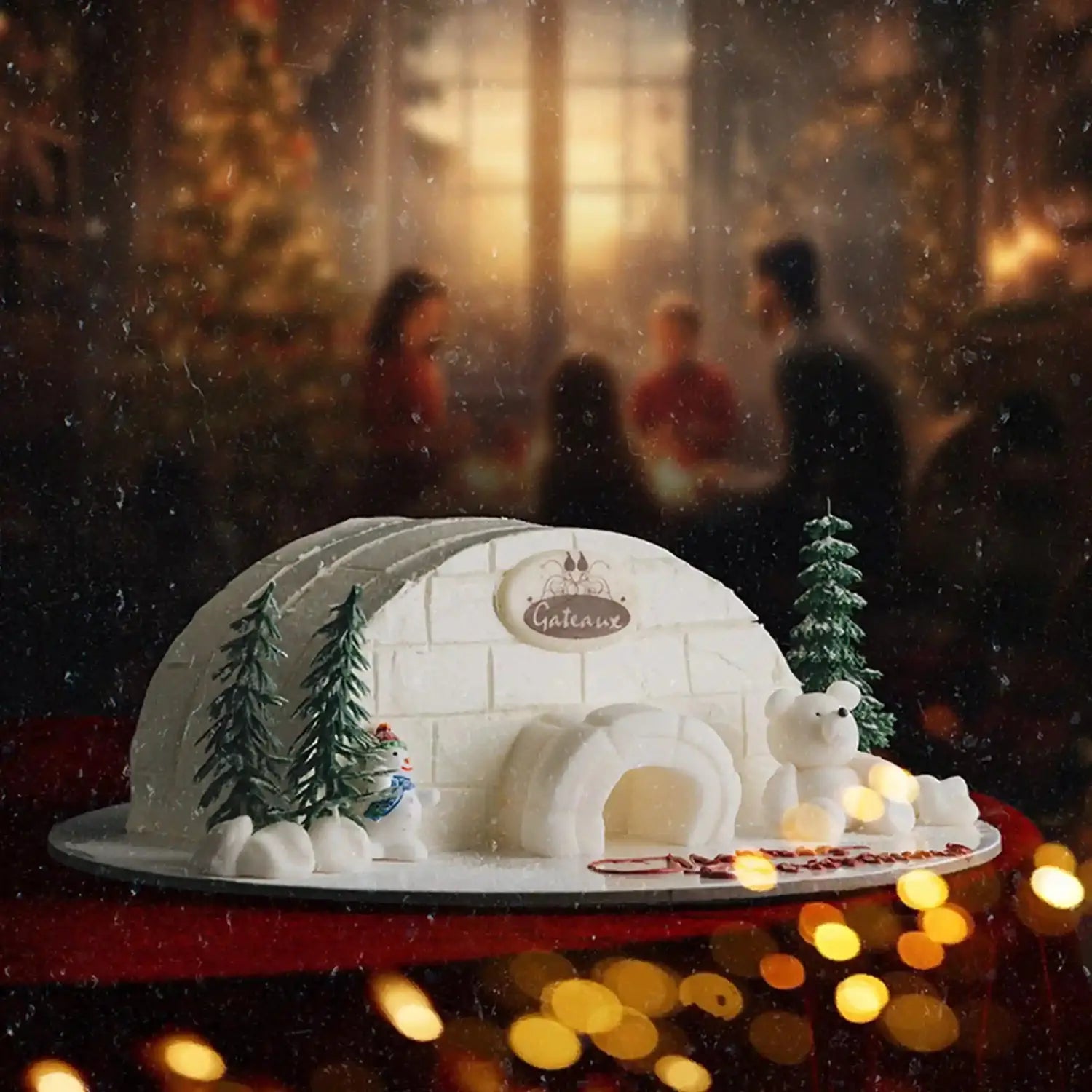 Decorative igloo cake with polar bears and trees on a festive background