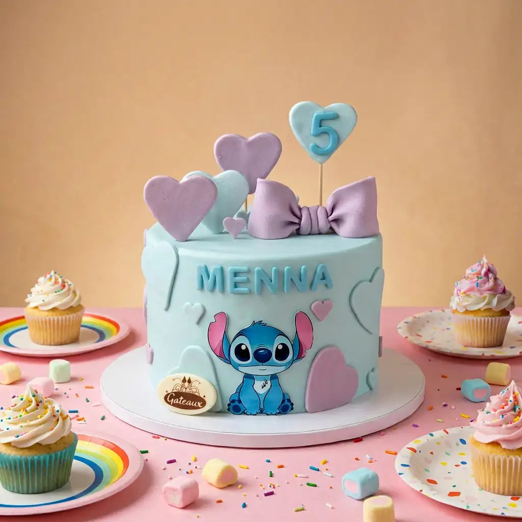A personalized cake decorated with a light blue pastel finish, featuring a large lavender bow, heart toppers, the name 'MENNA', and a fondant character. The cake is displayed on a pink table surrounded by cupcakes and candy against a peach background.