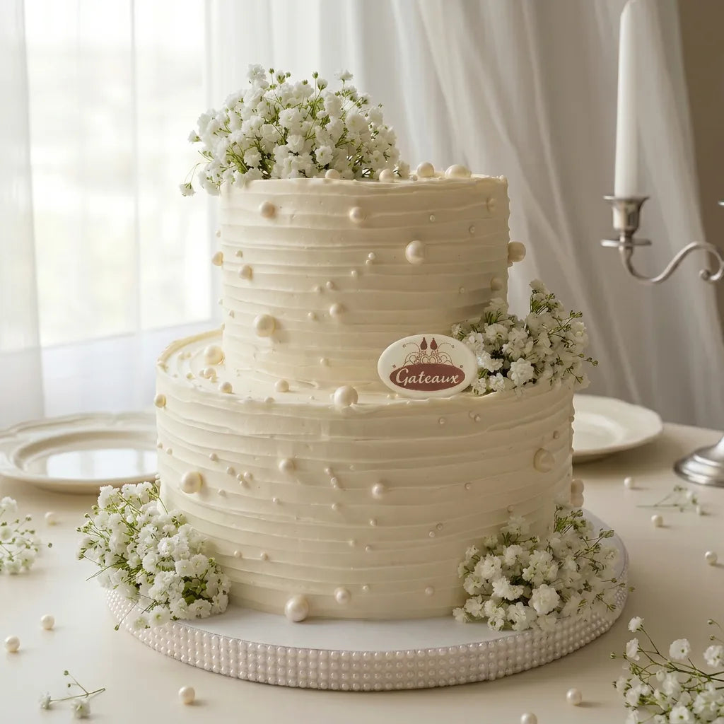 Two-tiered white wedding cake with baby's breath flowers on a table.