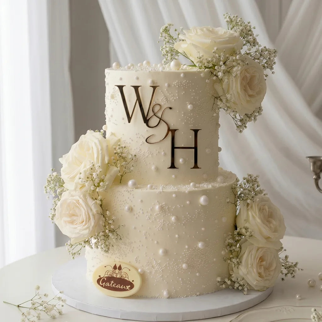 Two-tier wedding cake with floral decorations and initials 'W' & 'H', set against a white curtain background.