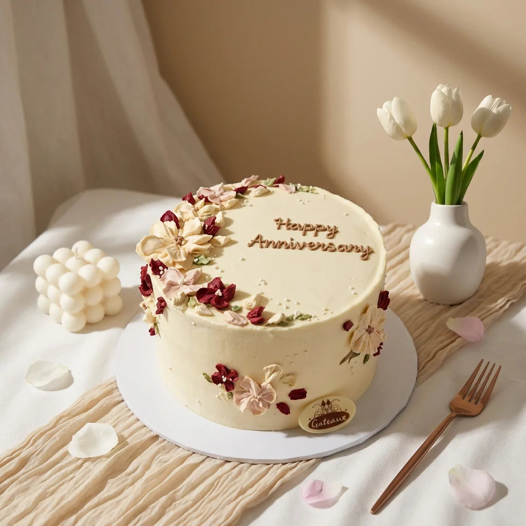 A round anniversary cake with cream frosting, decorated with small pink and red flowers and the words 'Happy Anniversary' in icing, styled on a table with white tulips in a vase, rose petals, and a gold fork.