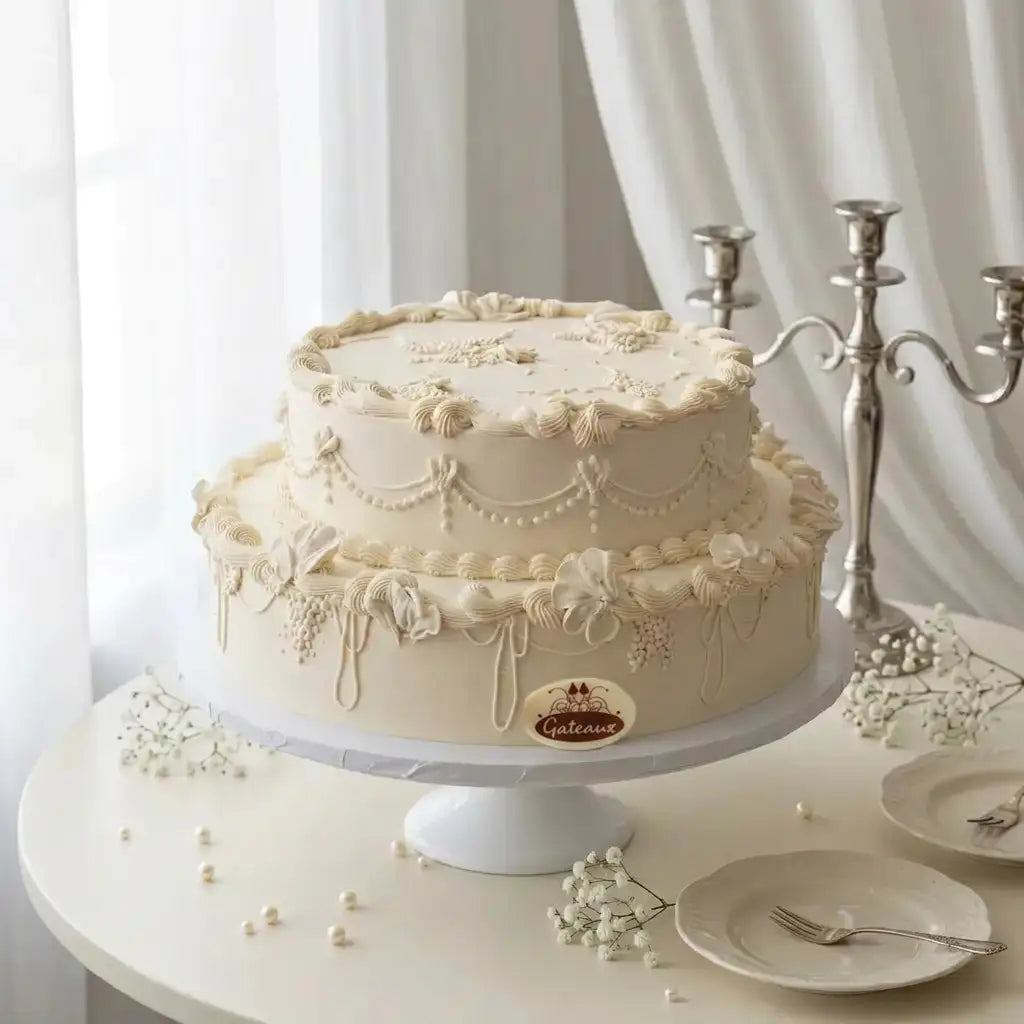 A two-tier cream-colored cake with intricate piped floral and lace decorations, displayed on a white cake stand on a round table with plates, baby's breath flowers, and a silver candelabra against a soft white curtain background.