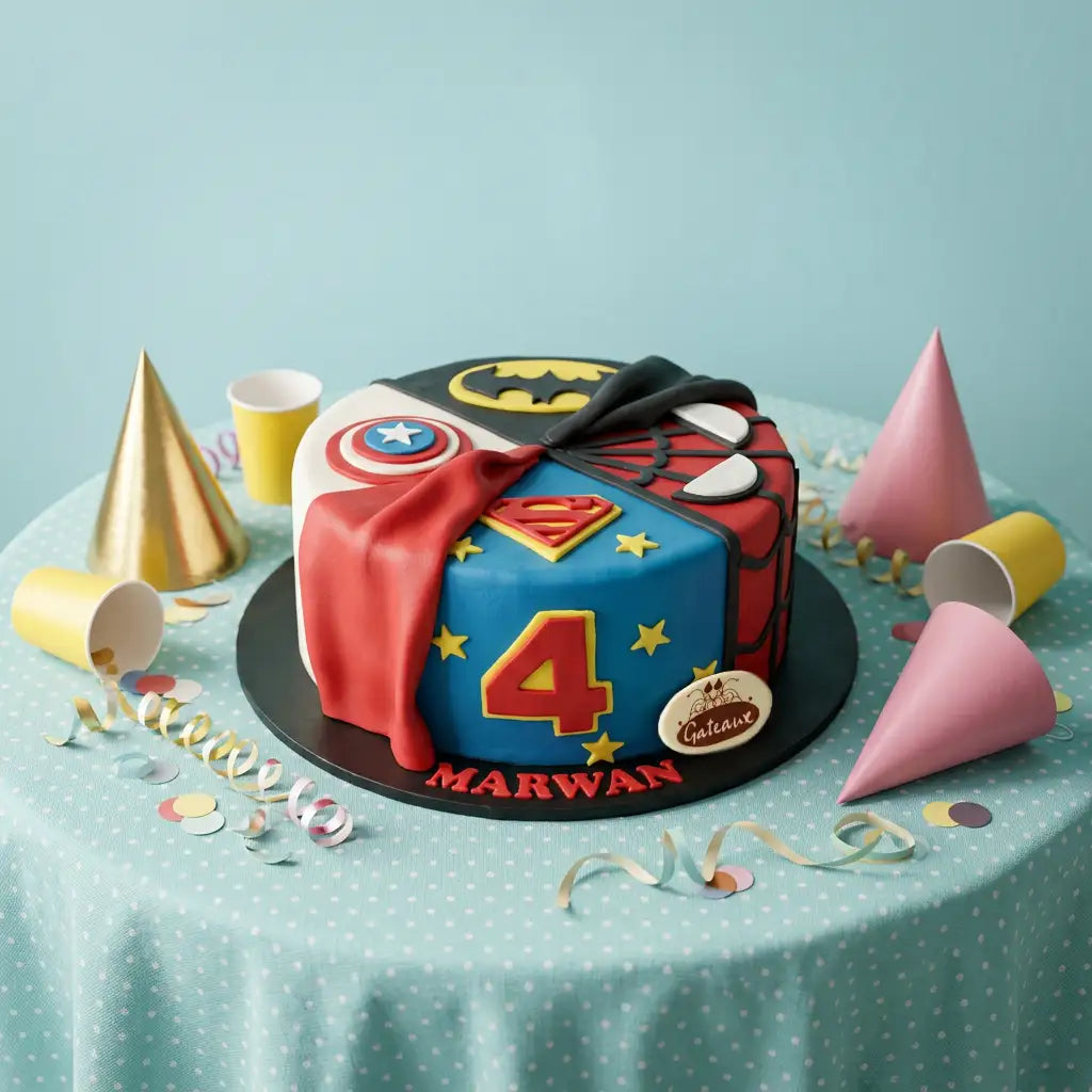 A custom superhero-themed birthday cake decorated with red, blue, and black sections, featuring Marvel and DC logos, a large number 4, and the name 'MARWAN' on the front. The cake is displayed on a light blue polka dot tablecloth surrounded by party decorations.