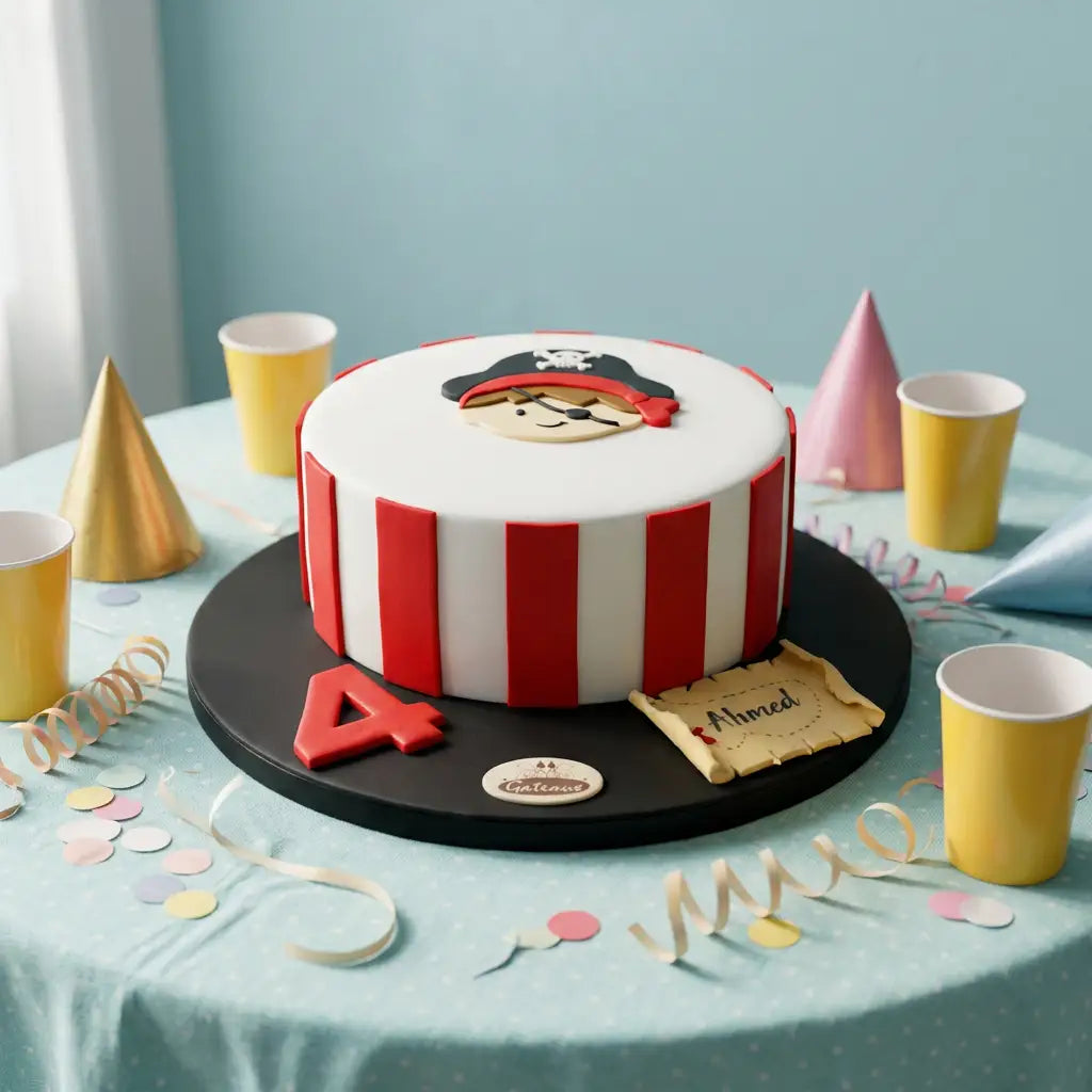 A round birthday cake decorated with red and white vertical stripes and a pirate face topper, displayed on a black round stand on a light blue tablecloth with party hats, cups, and confetti.