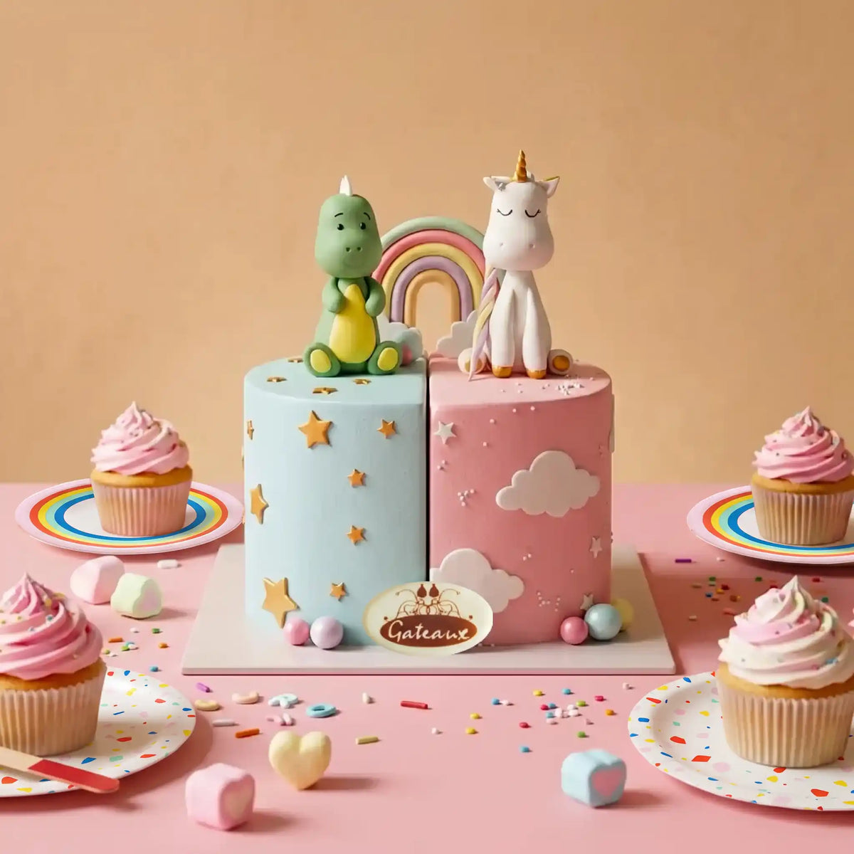A pastel cake with a split design: one half is light blue with gold stars and a green dragon topper, the other half is pink with white clouds and a unicorn topper, set on a pink table with cupcakes and candy.
