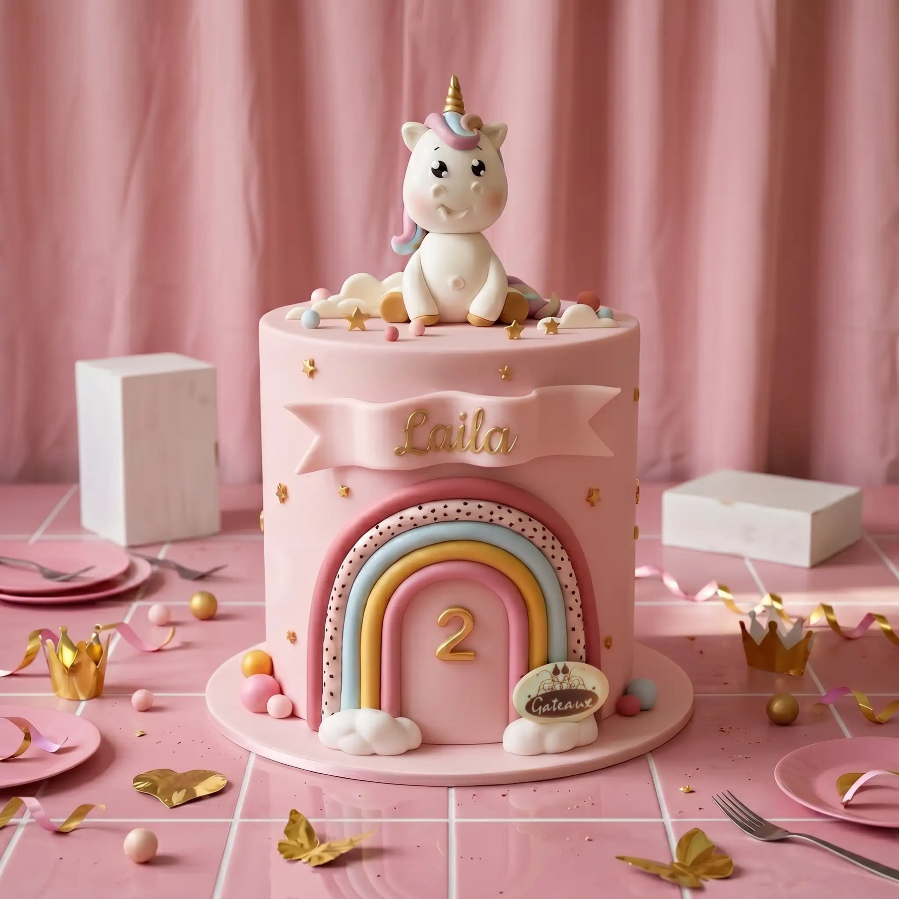 Pink fondant unicorn cake with pastel rainbow and personalized name banner