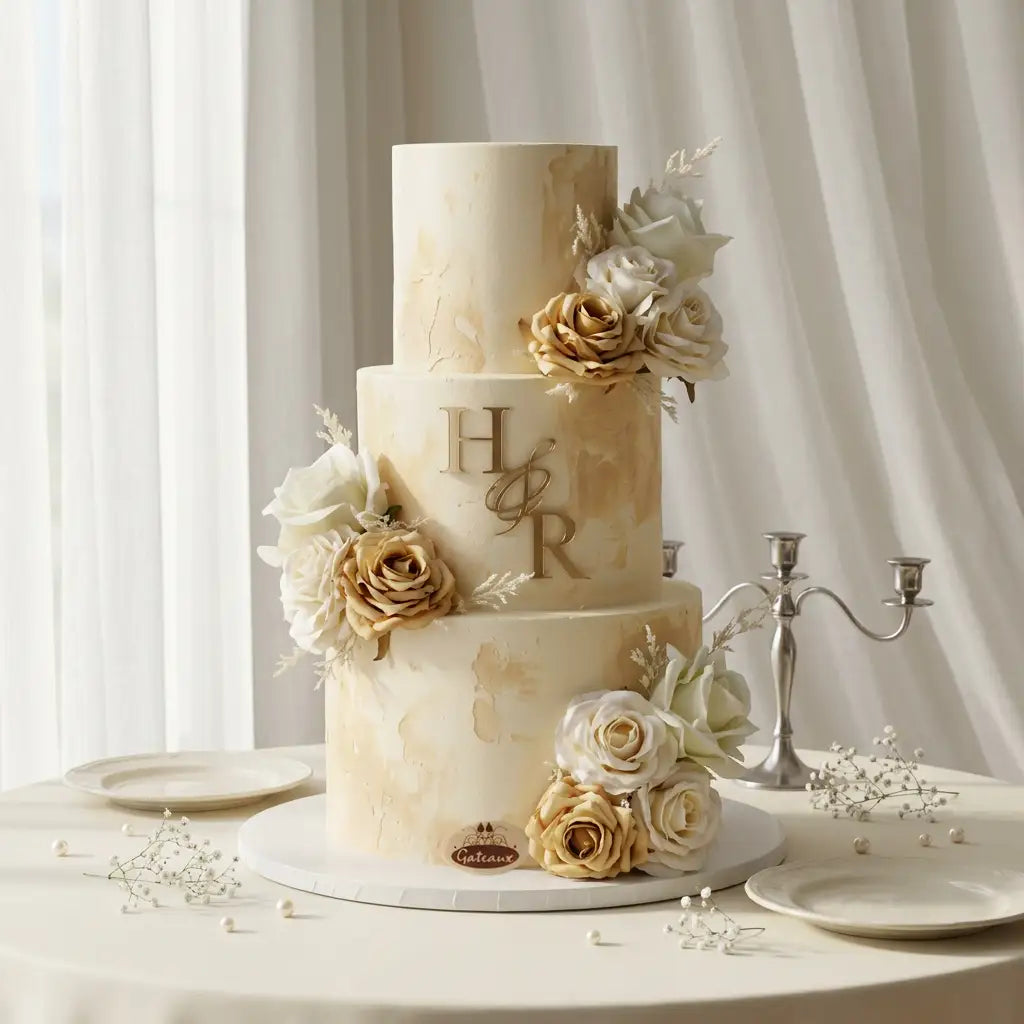 A three-tier wedding cake with a cream and gold marbled finish, decorated with white and gold roses, baby's breath, and gold monogram letters 'H&R' on the middle tier, displayed on a round table with plates and a silver candelabra against a white curtain background.