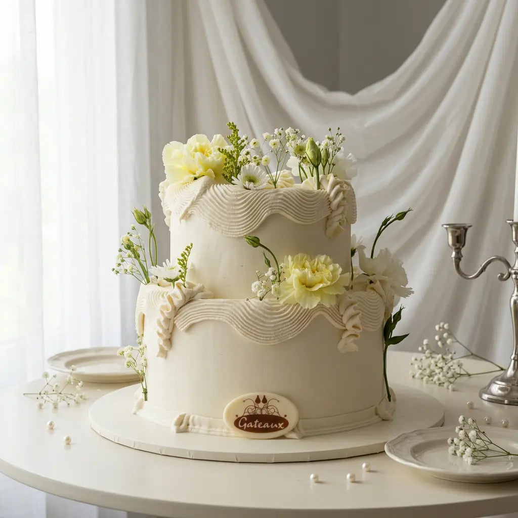 A two-tier cream-colored cake decorated with white and pale yellow flowers, set on a round table with draped white fabric in the background.
