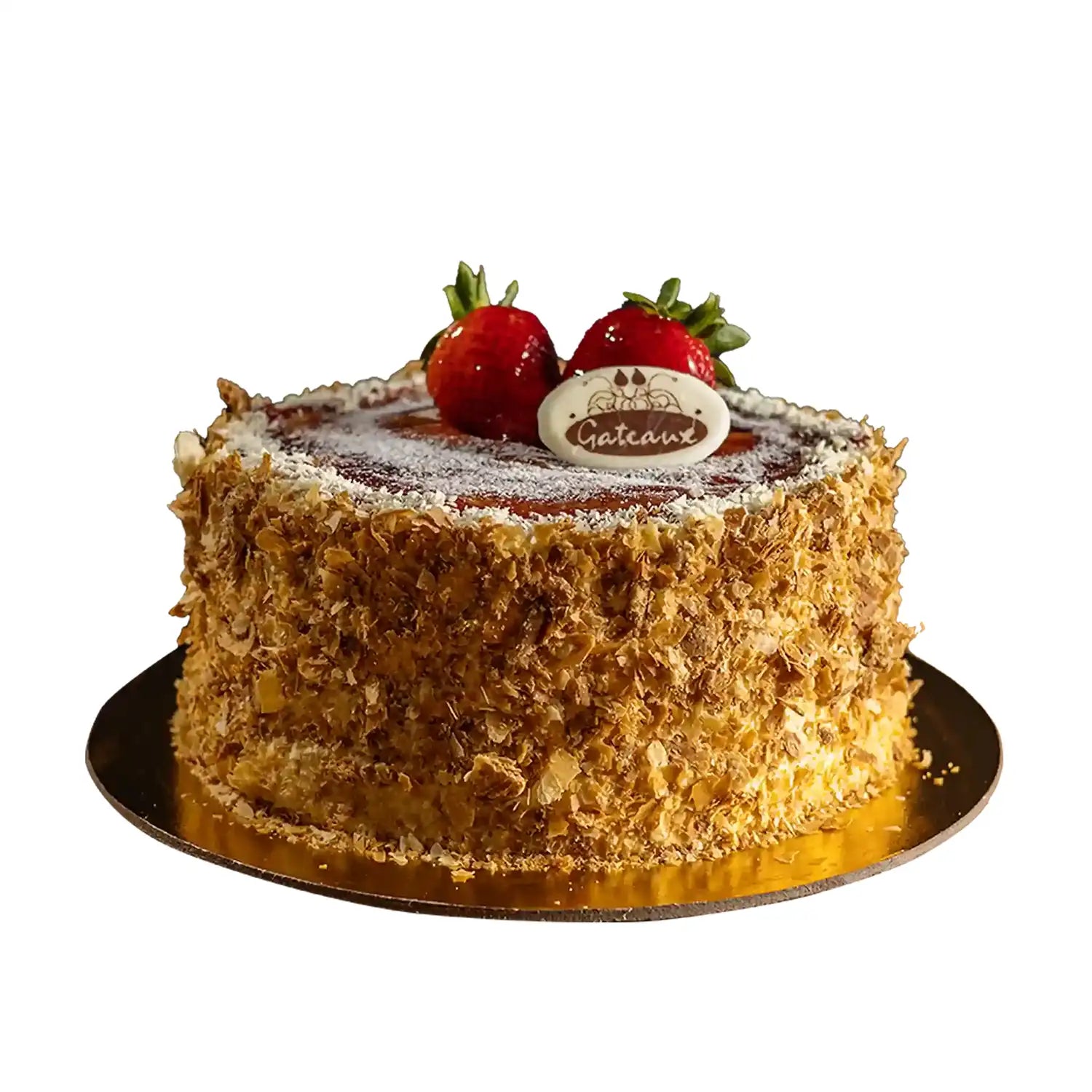 Coconut cake with strawberries and a brand logo on a white background