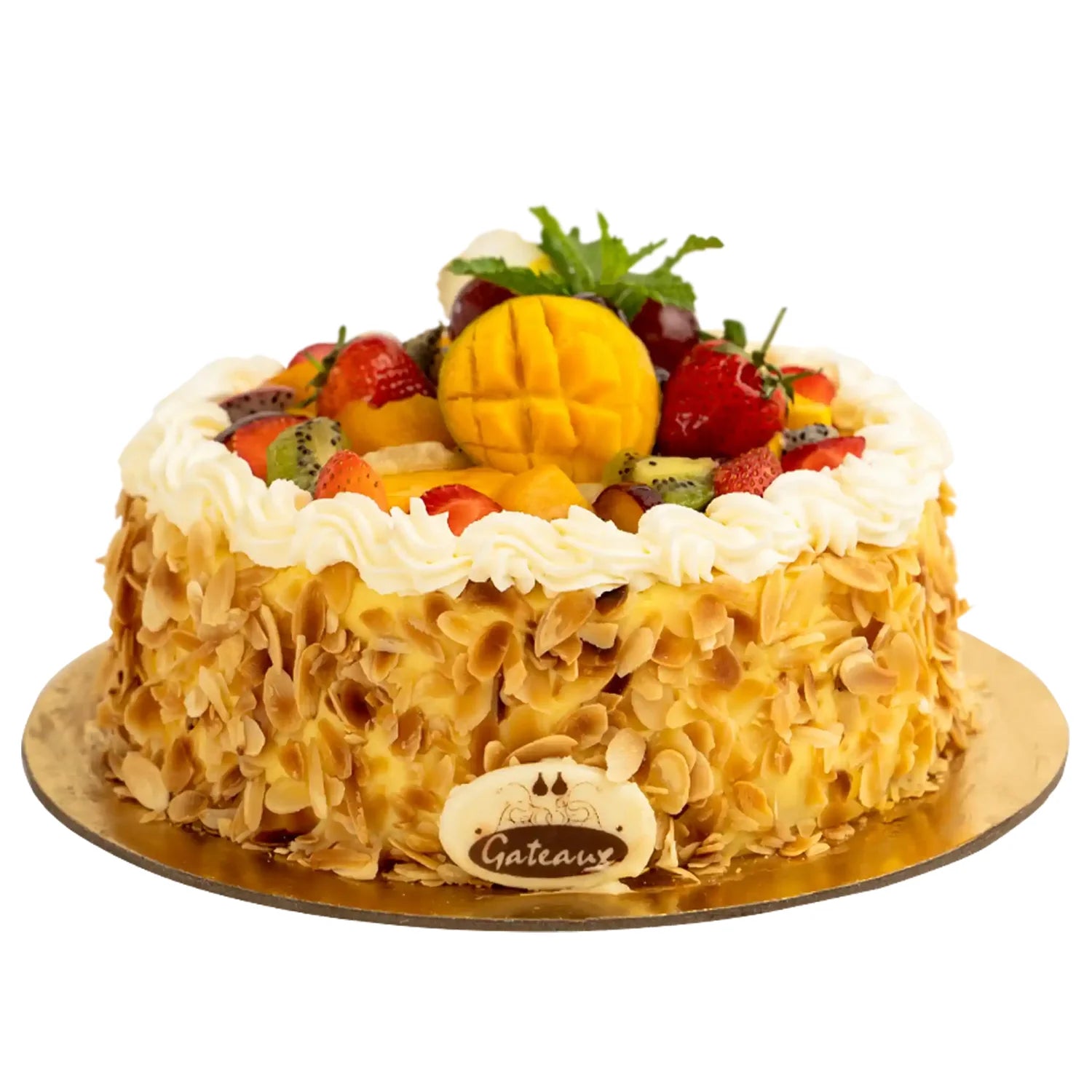 Fruit cake with white frosting and visible brand logo on a white background