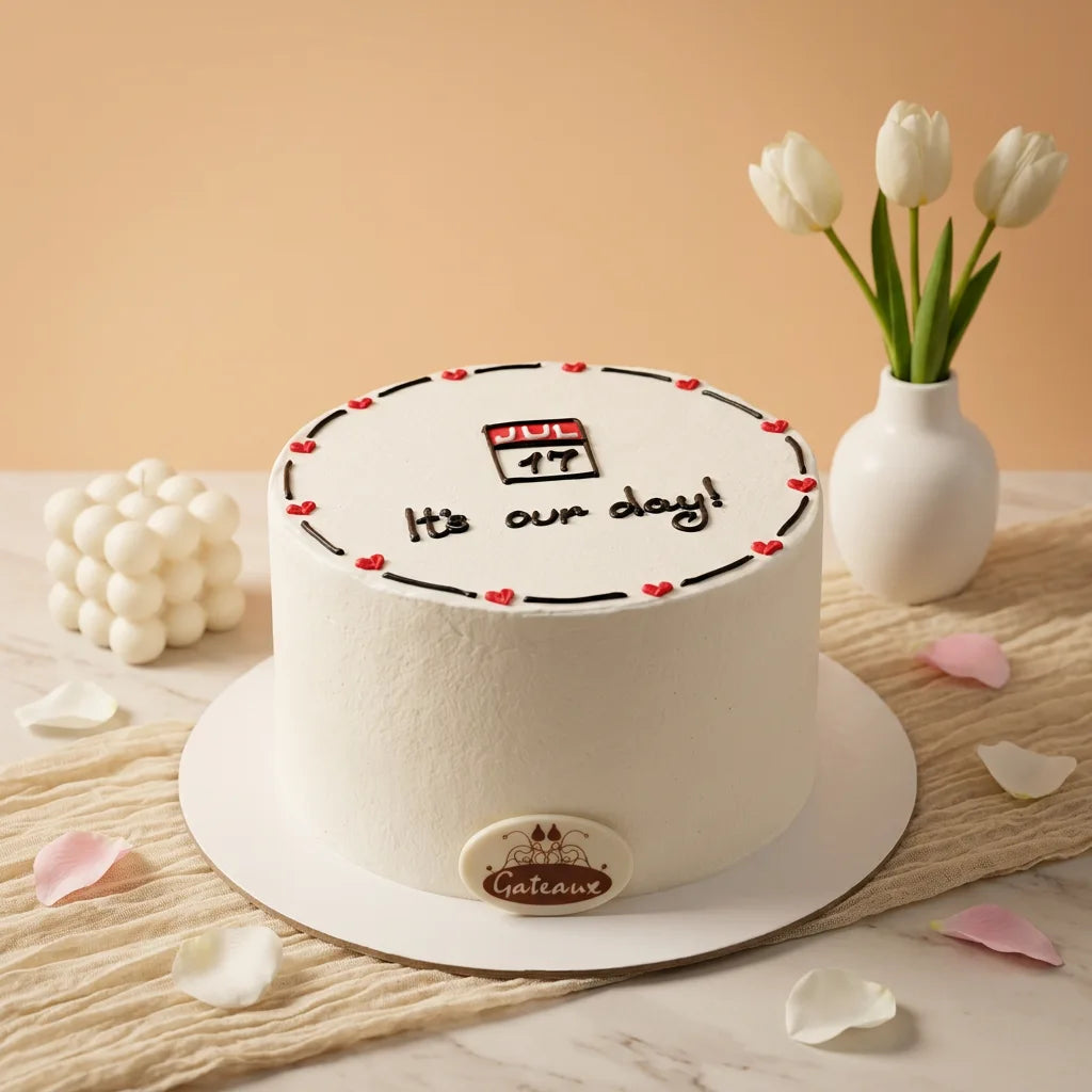 A white frosted Anniversary Cakes
cake with red heart accents and the text 'July 17 It's our day!' on top, displayed on a white cake board. The cake is decorated with a small round 'Galante' logo plaque at the base and sits on a marble surface with tulips in a vase and pink petals around it.