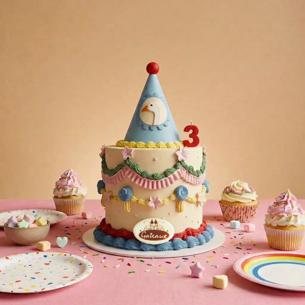 A decorated cake for kids with a blue party hat topper and a red number 3 candle, styled on a pink table with cupcakes, pastel plates, and confetti against a soft peach background.