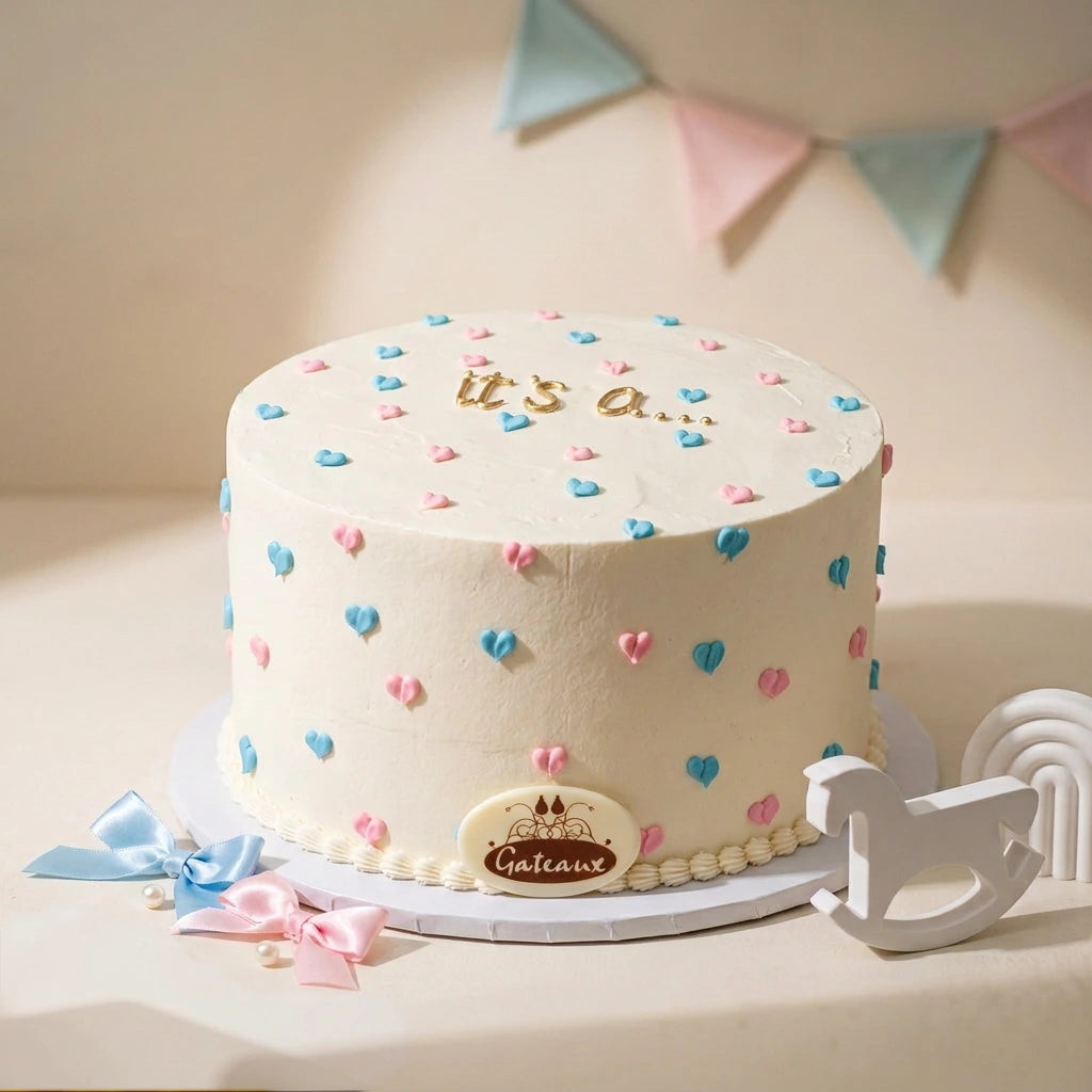 A round Gender Reveal cake with white frosting, decorated with small pink and blue hearts and gold 'it's a' lettering. A small oval plaque on the front reads 'Galante'.