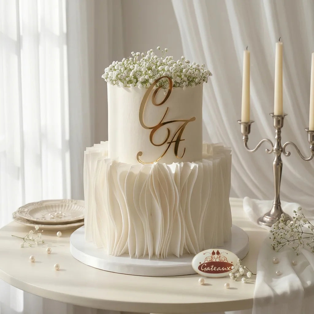 Two-tiered wedding cake with 'C A' initials and baby's breath on a white tablecloth.