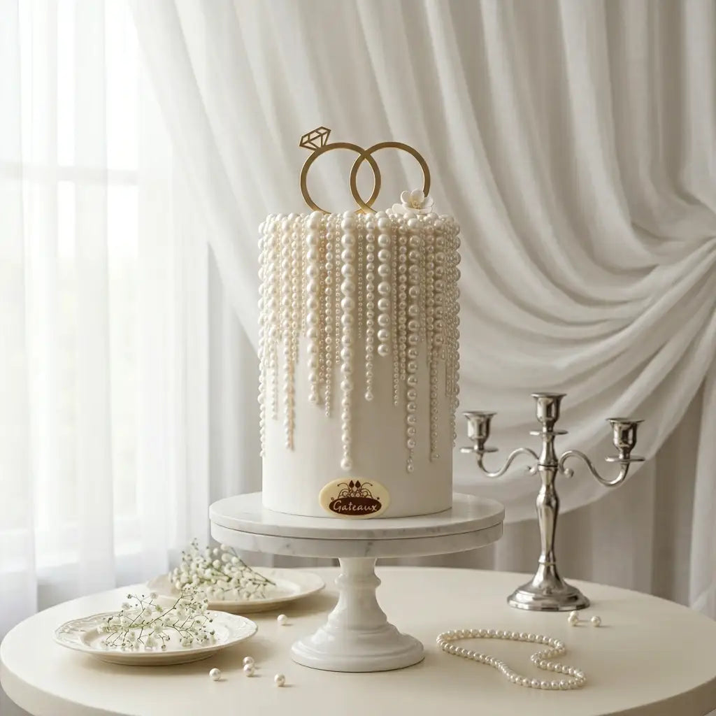 A white wedding-style cake on a white pedestal stand, decorated with hanging pearl strands and topped with two interlocking gold rings. The scene is styled on a round table with pearl beads, plates, and a silver candelabra against draped white curtains.
