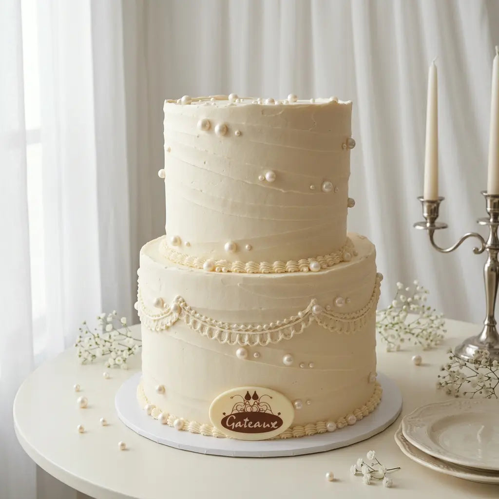 A two-tier cream-colored frosted cake decorated with pearl-like beads, delicate lace trim, and a round chocolate plaque reading 'Galette' on a white round table.