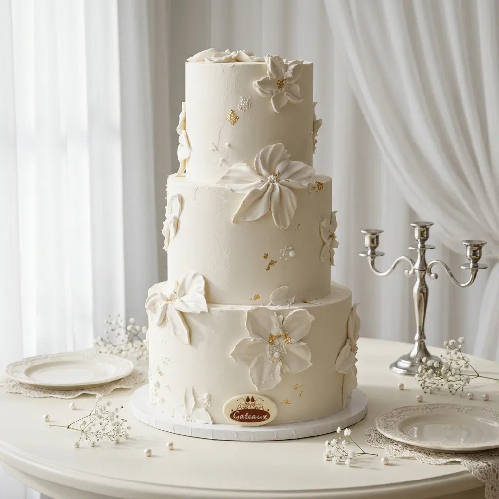 A three-tier white wedding cake decorated with large white sugar flowers, delicate gold leaf accents, and a small round cake topper, displayed on a round table with plates, baby's breath, and a silver candelabra against a soft white curtain background.