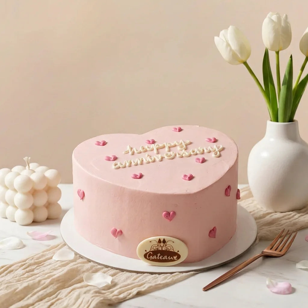 A heart-shaped pink cake with 'Happy Anniversary' written on top and a round gold plaque reading 'Galaux' on the front, styled on a table with white tulips in a vase, a candle, and a fork against a soft beige background.
