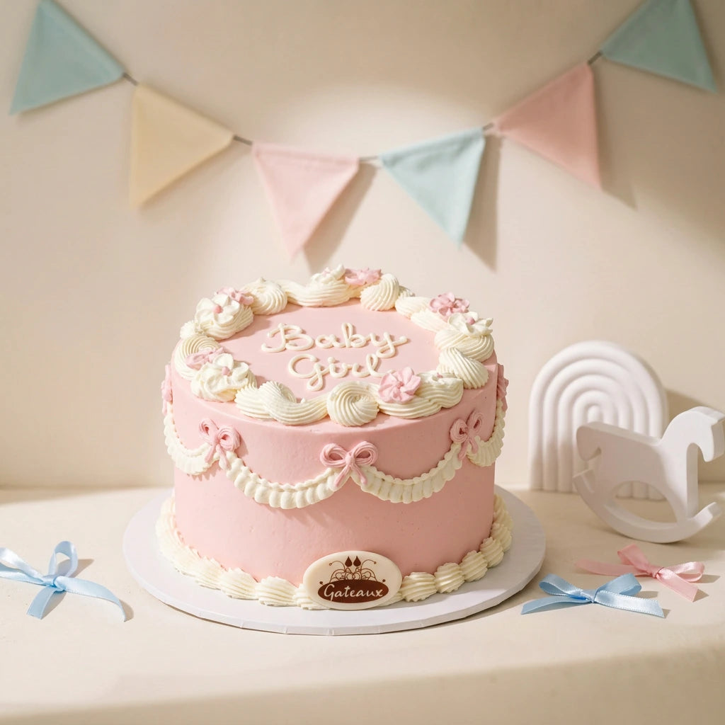 A round pink Baby Girl Shower Cake decorated with white piped frosting borders, small pink flowers, bows, and the words 'Baby Girl' on top, displayed on a white board in a styled room setting with pastel bunting and baby-themed decor.