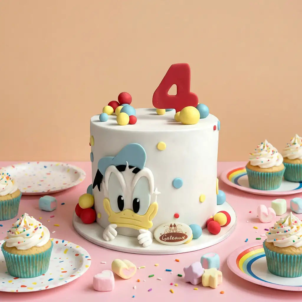 A decorated white cake with a large red number 4 topper and a Donald Duck character face on the front, styled on a pink table with cupcakes, pastel candies, and confetti against a peach background.
