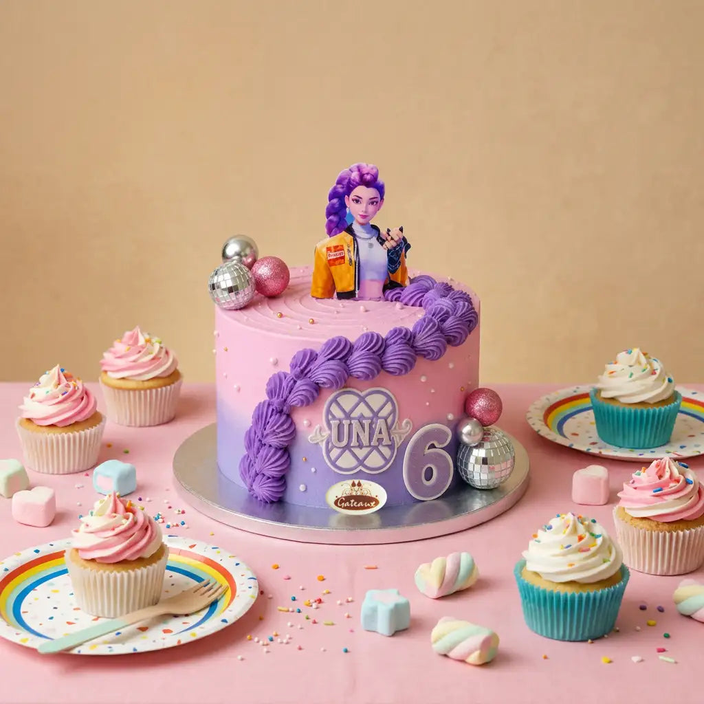 A birthday cake decorated with purple frosting swirls, a cartoon character topper, and silver disco-ball-style ornaments, styled on a pink table with cupcakes, candy, and plates against a beige backdrop.