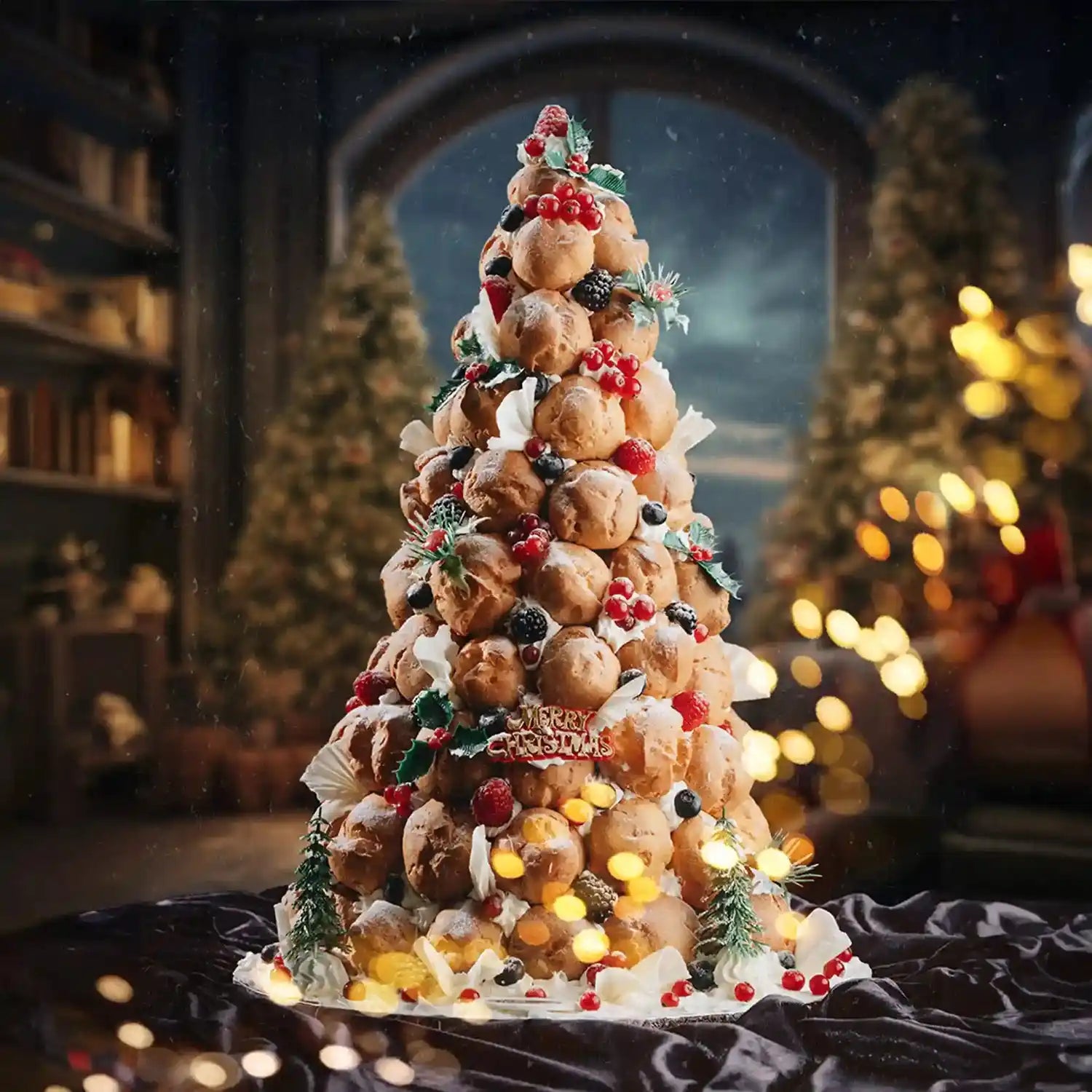 Decorative pastry tower resembling a Christmas tree with lights and ornaments in a festive setting.