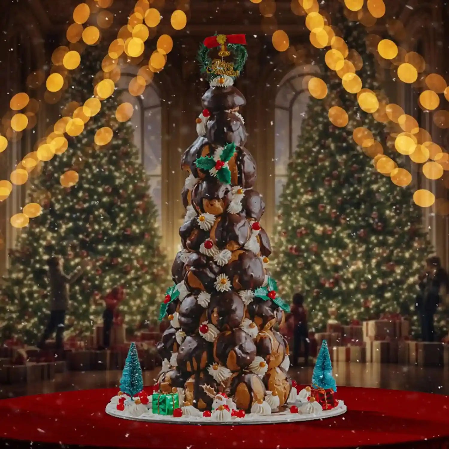 Decorative Christmas cake with trees and lights in a festive setting