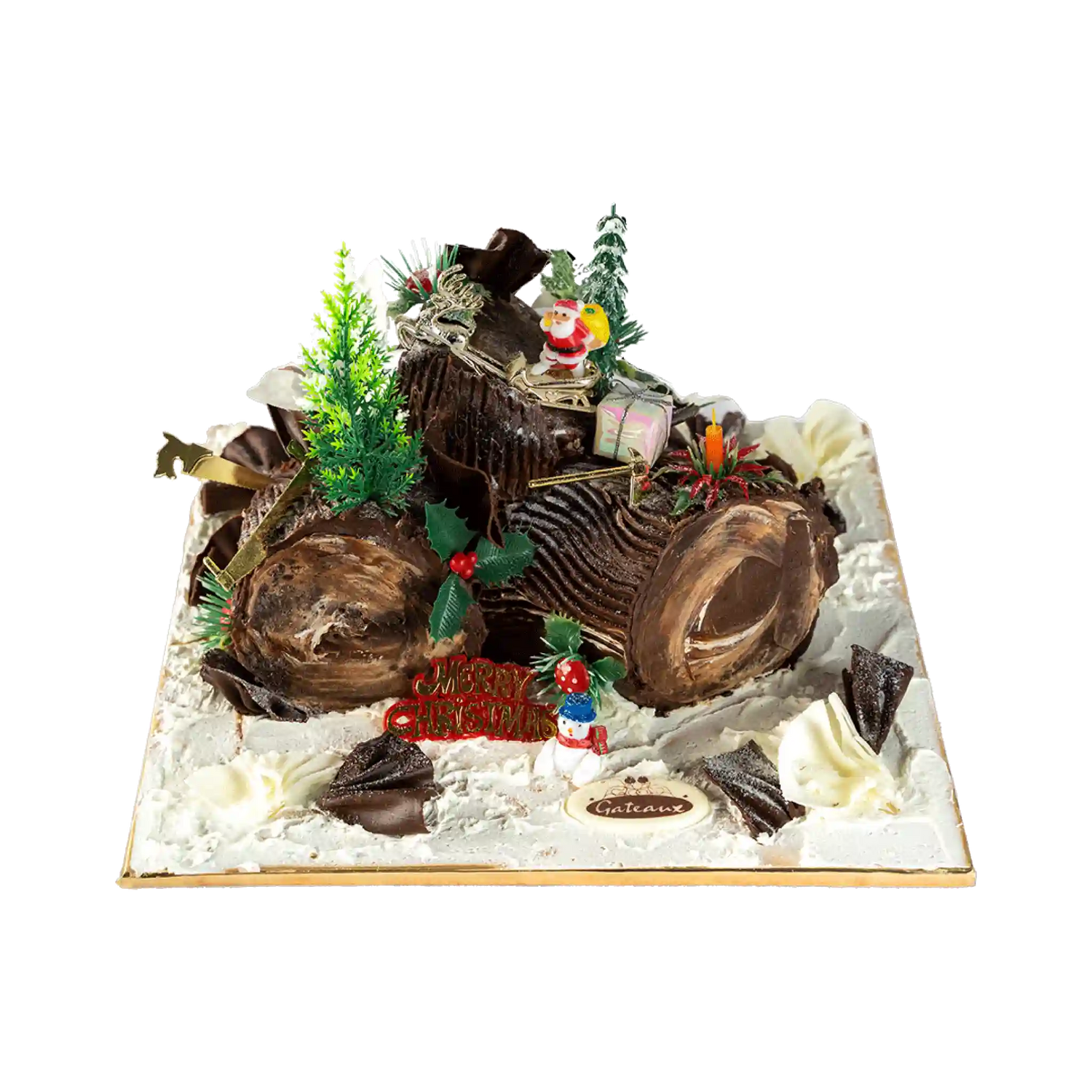 Decorative cake resembling a log with Christmas-themed elements on a white background