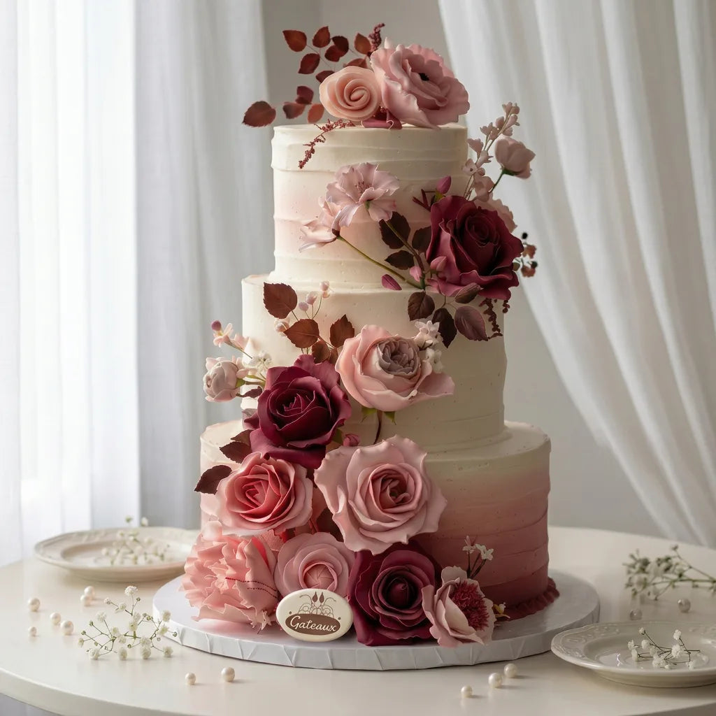 Three-tiered wedding cake decorated with pink and red roses on a white background