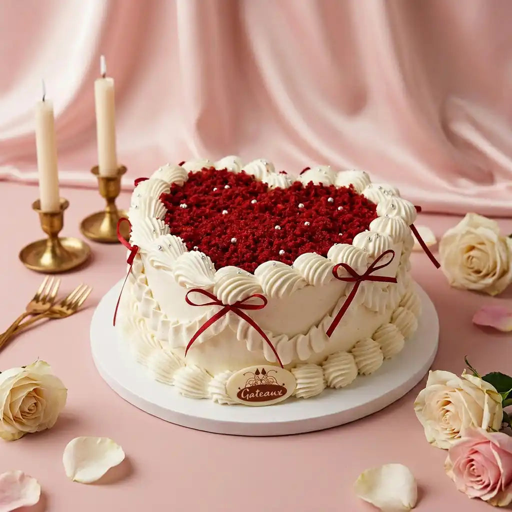 A heart-shaped red velvet cake with white piped frosting borders and red ribbon bows, displayed on a white round cake stand against a pink satin backdrop with candles, roses, and petals.