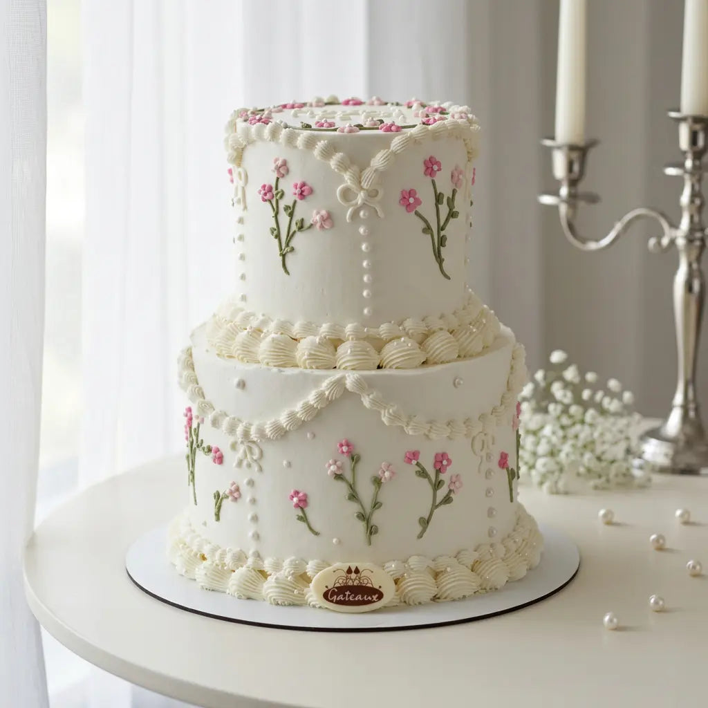 A two-tier white cake decorated with piped cream borders, pink flowers, and green stems, displayed on a round table with a candelabra and pearls in the background.