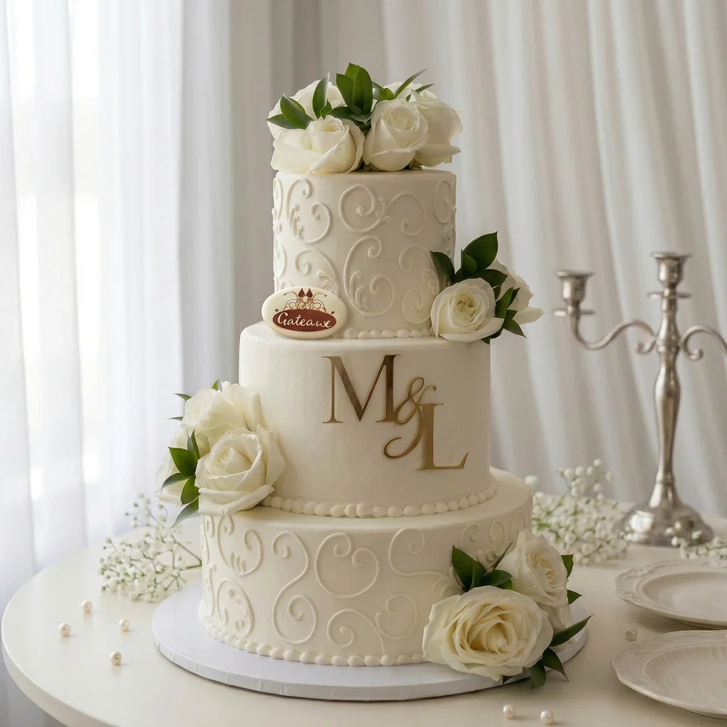 Three-tiered wedding cake with floral decorations and initials 'M' and 'L' on a white background.
