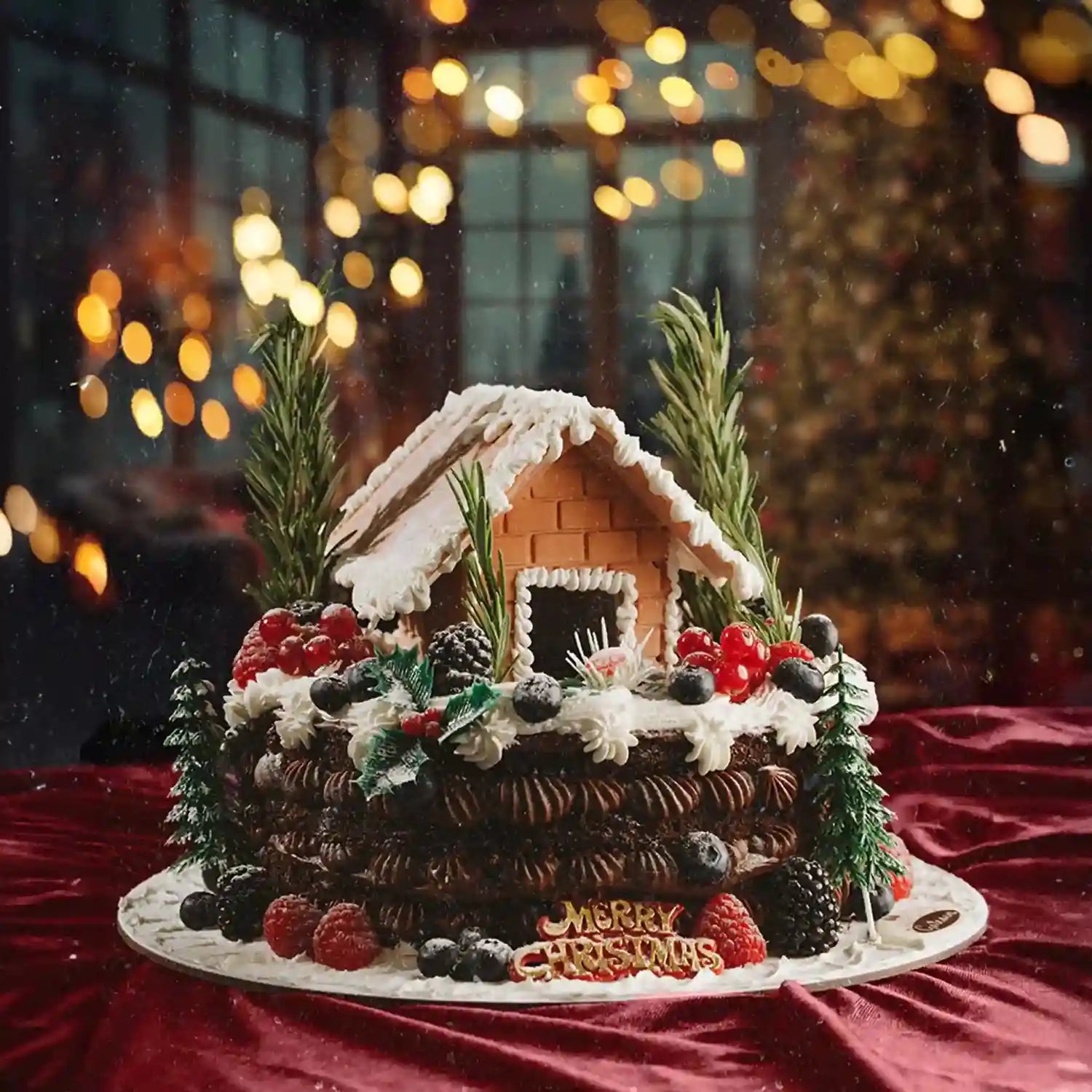 Gingerbread house cake with festive decorations on a table with a blurred Christmas tree and lights in the background.