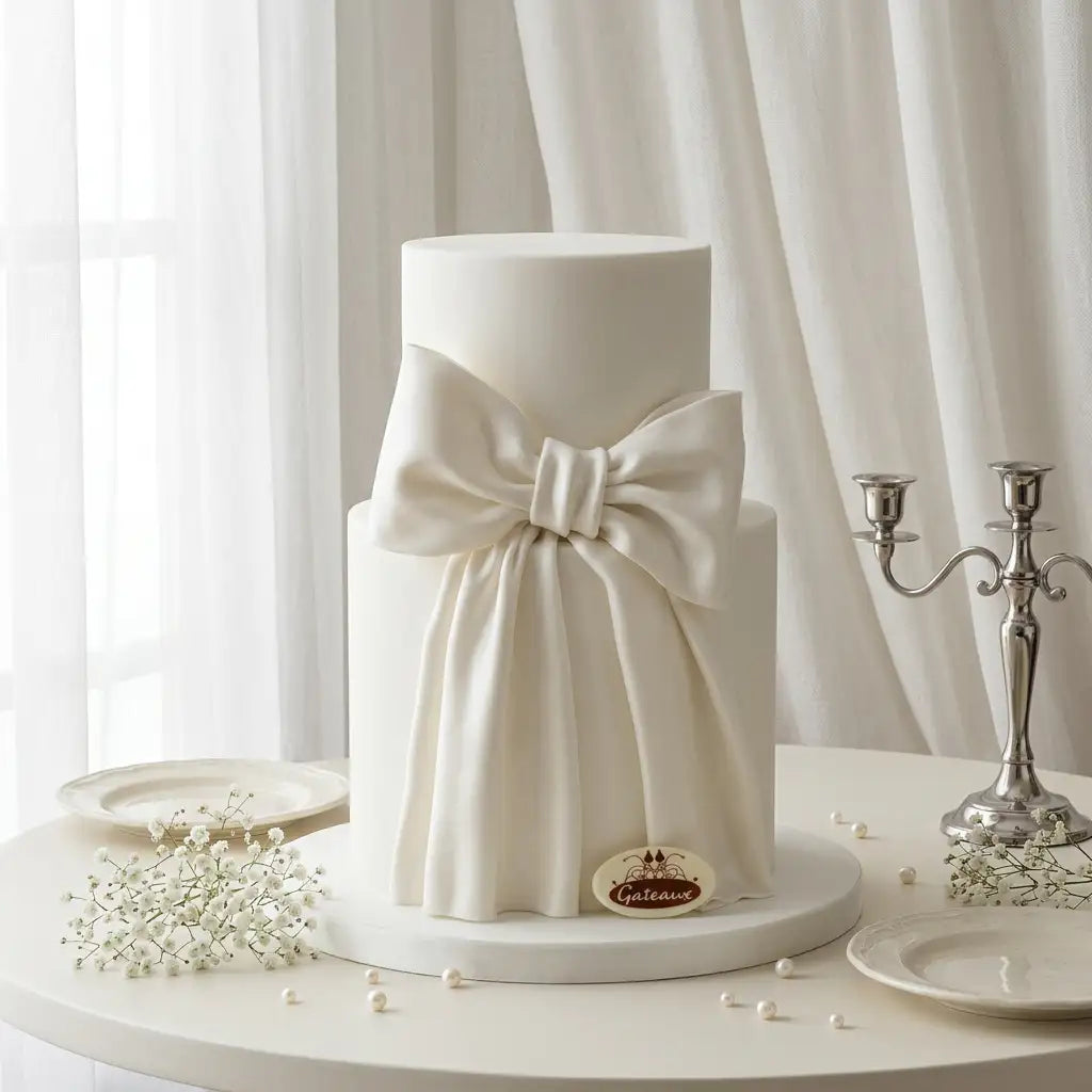 A white two-tiered cake decorated with a large cream-colored satin bow, displayed on a round table with plates, baby's breath flowers, and a silver candelabra against a soft white curtain background.