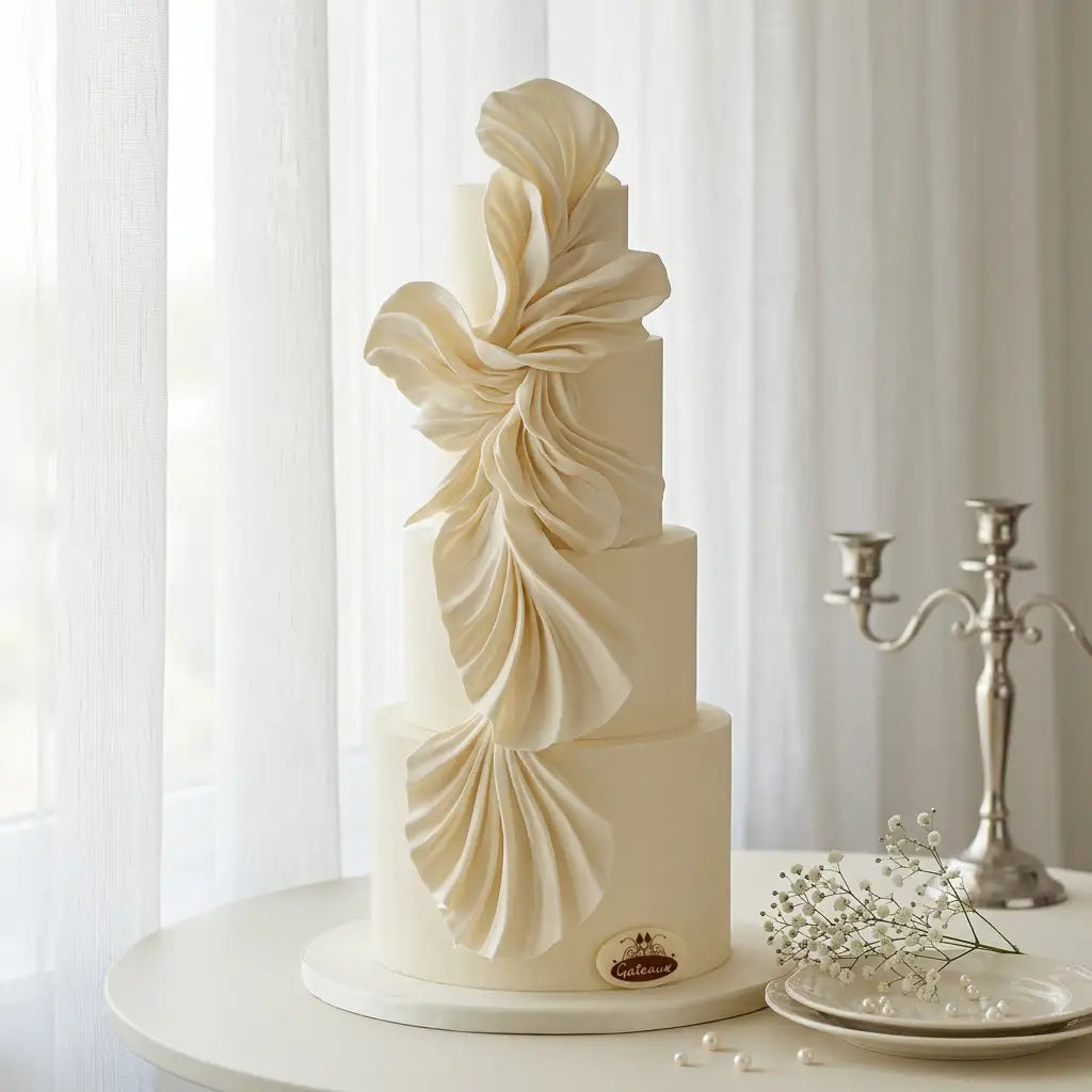 A three-tier cream-colored wedding cake decorated with large, cascading ruffled fondant flowers, displayed on a round table with a silver candlestick and small white flowers against a soft white curtain background.