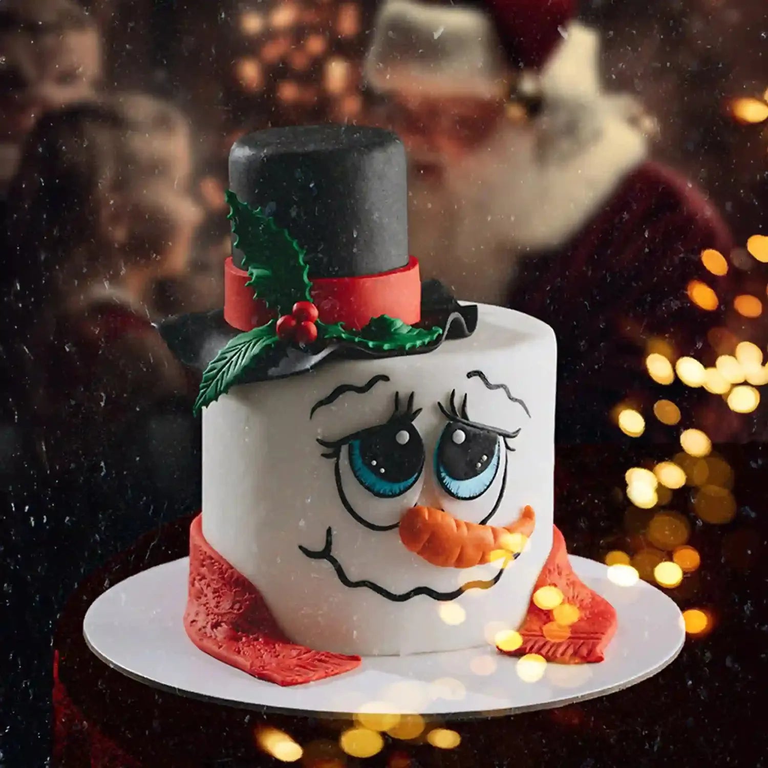 Snowman-themed cake with a blurred festive background