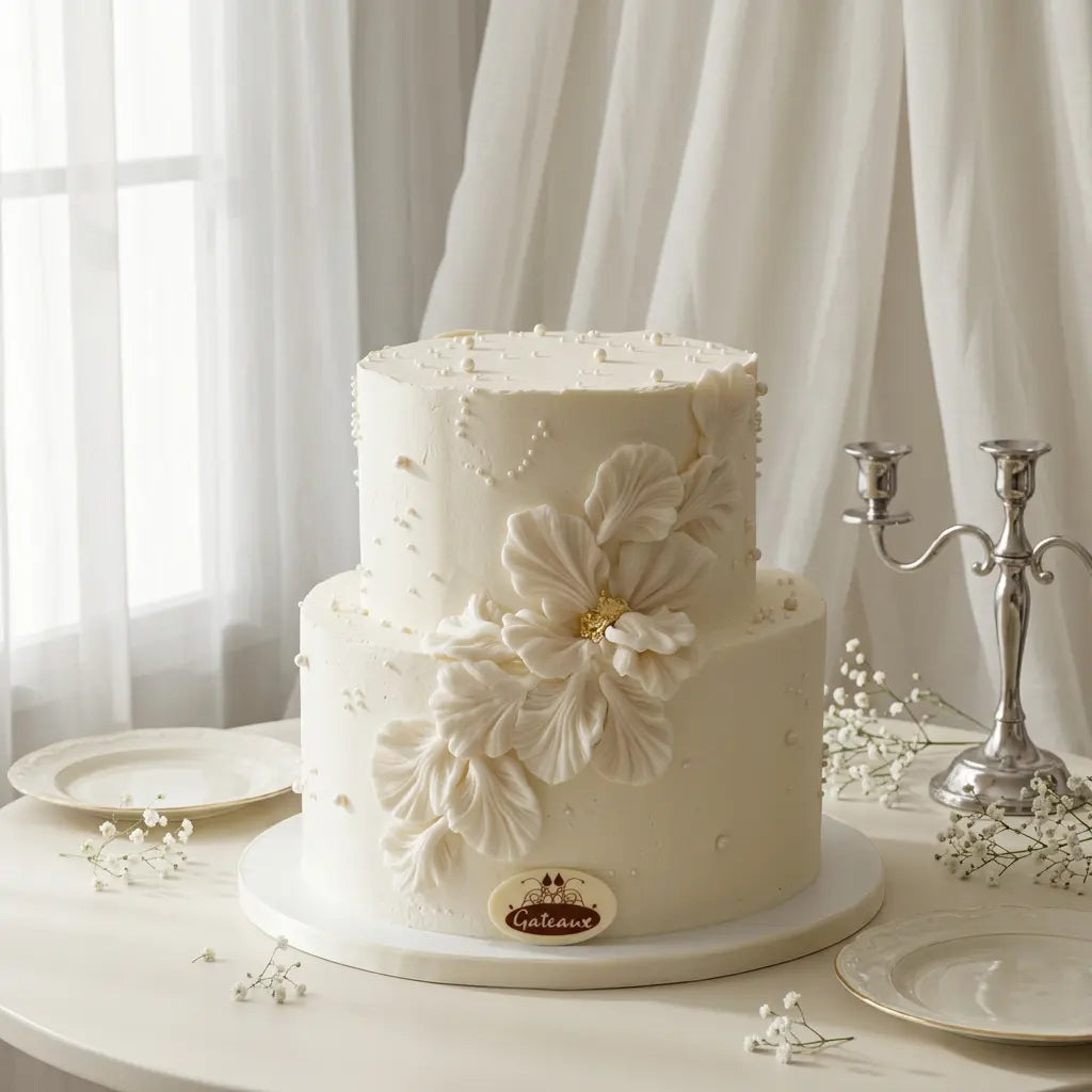 A two-tier white wedding cake decorated with large white sugar flowers and gold accents, displayed on a round white cake stand on a table with plates and a silver candelabra against a soft white curtain background.