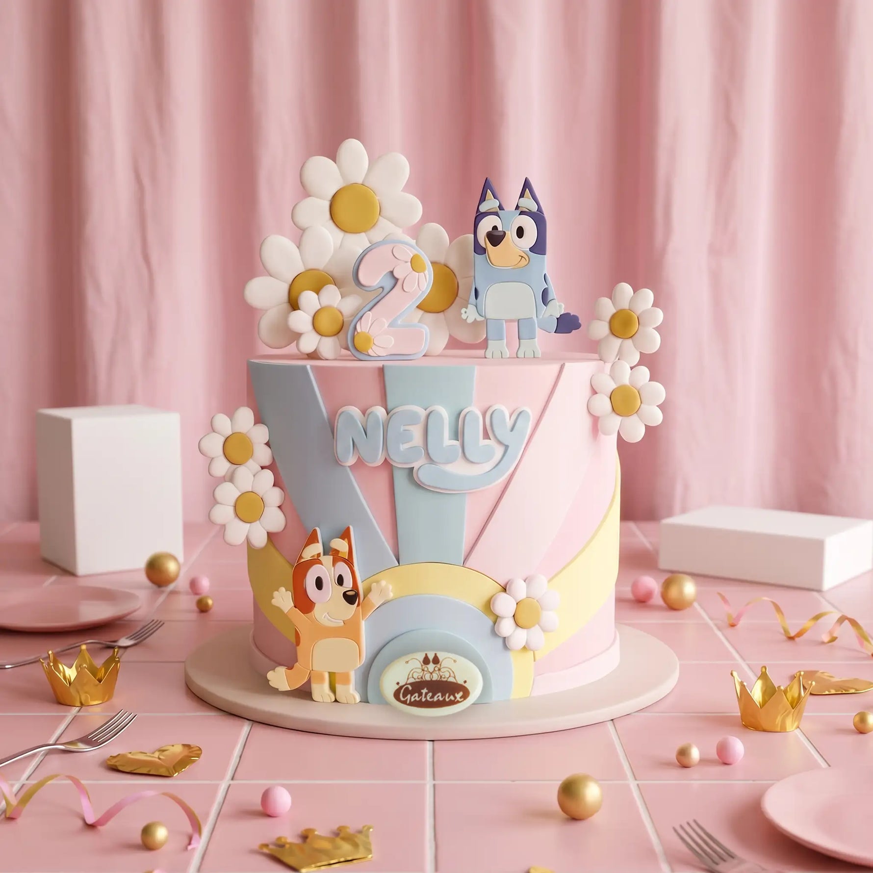 A decorated custom birthday cake with pink, blue, and yellow pastel colors, featuring the name 'NELLY' in 3D letters, a blue dog character, a fox character, and white daisy flowers. The cake is displayed on a pink tiled table with party decorations like gold crowns, plates, and a pink fabric backdrop.