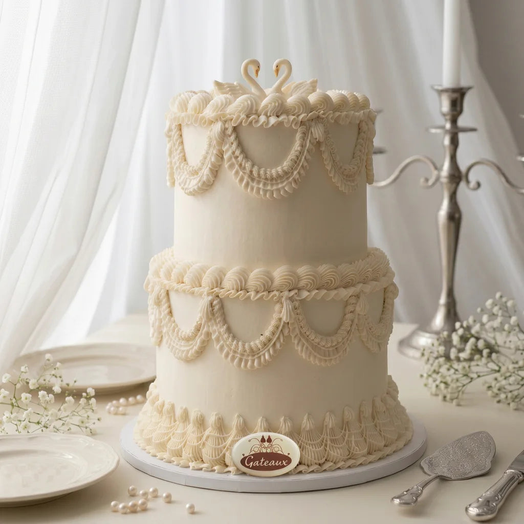 Decorative two-tier cake with lace details on a white background